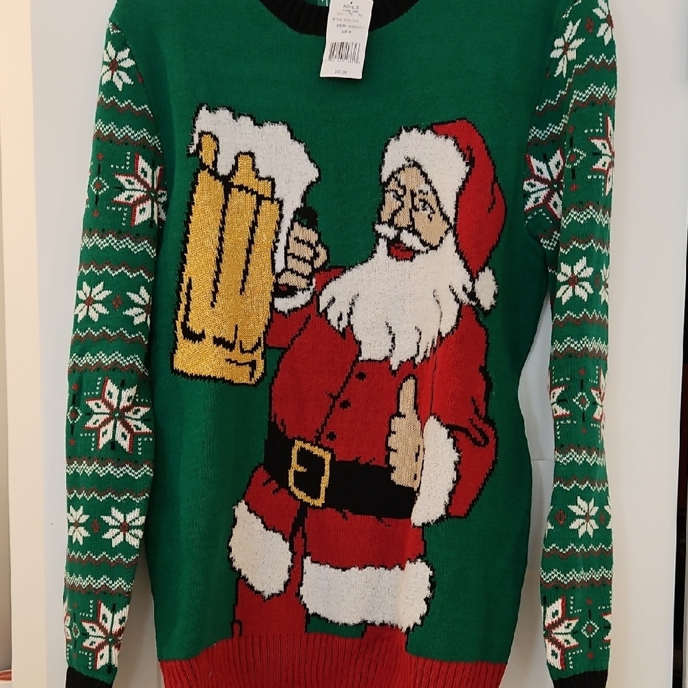 Ugly Christmas Sweater Green Santa with Beer Design